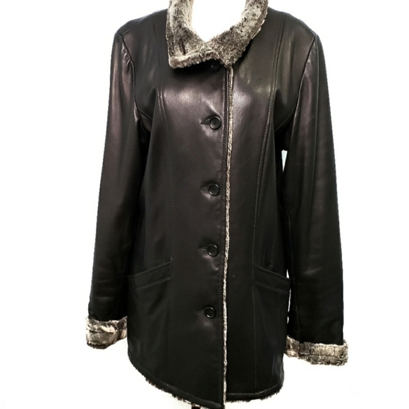 Danier Leather Jacket Faux Fur Lined Black & Grey - Picture 16 of 16